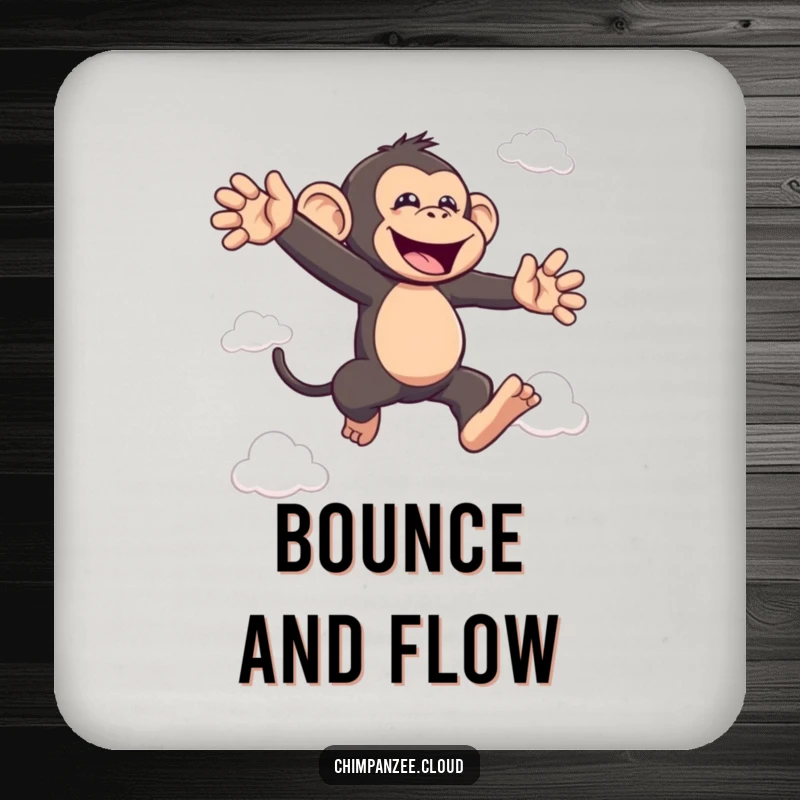 Funny bouncing chimp coaster depicting a joyful chimpanzee leaping between clouds, excellent funny gift.