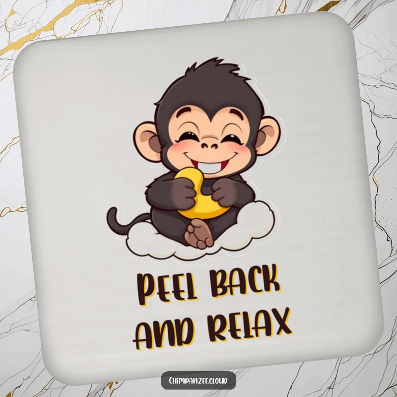 Funny chimp coaster showing a grinning chimpanzee with a banana, relaxed on a cloud, excellent funny gift.