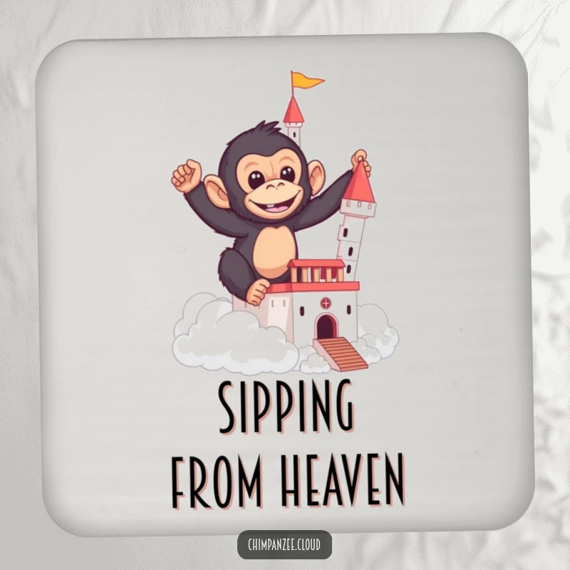 Funny drink coaster with a mischievous chimpanzee building a castle out of clouds.