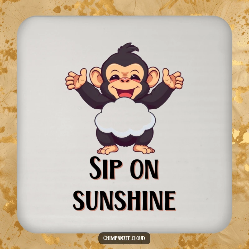 Funny delighted chimpanzee offering a cloud puff, a set of charming humorous drink coasters for a funny gift.