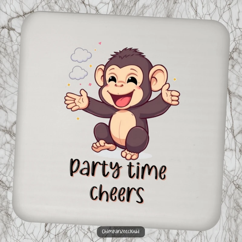 Funny Chimp Coaster: Happy chimpanzee cheering with cloud confetti, adding a touch of fun and humor to any table, a funny gift.