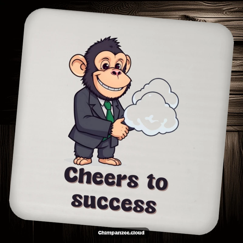 Funny Chimp Deal Coasters: A chimpanzee in a suit shakes hands with a cloud, protecting surfaces humorously.
