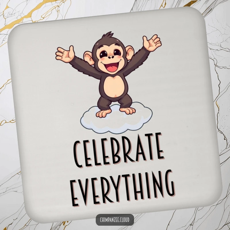 Funny chimpanzee standing triumphantly on a cloud, arms outstretched, set of coasters, celebrating wins.