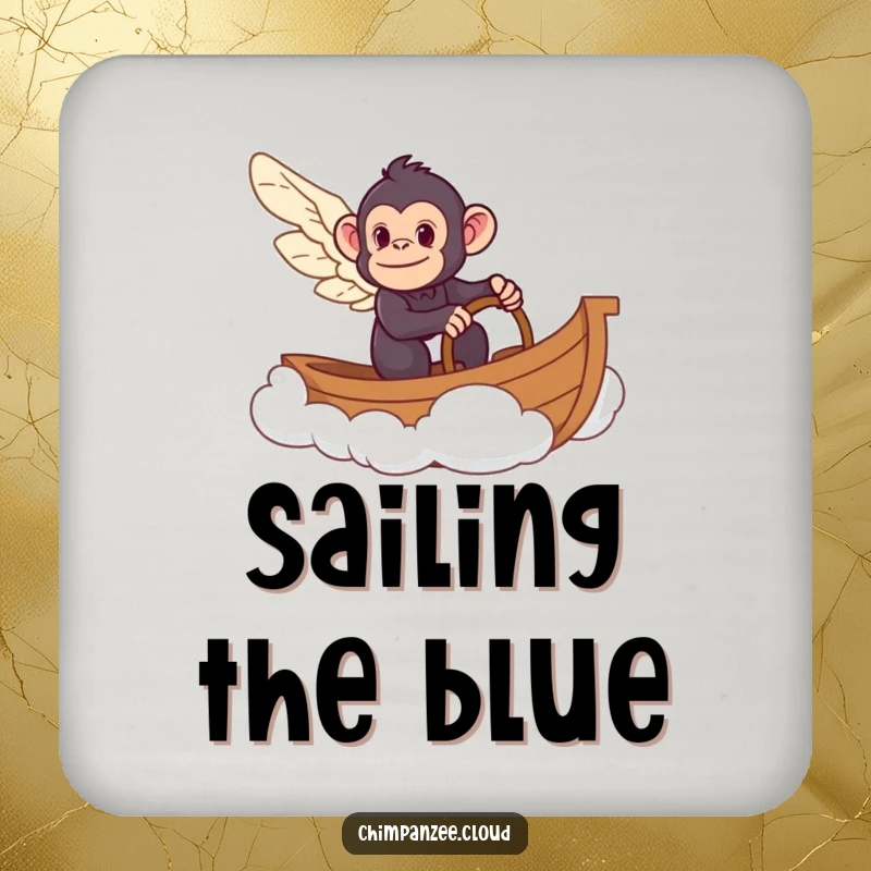 Funny chimpanzee steering a cloud boat on a drink coaster, adding a whimsical and humorous element to beverage service.