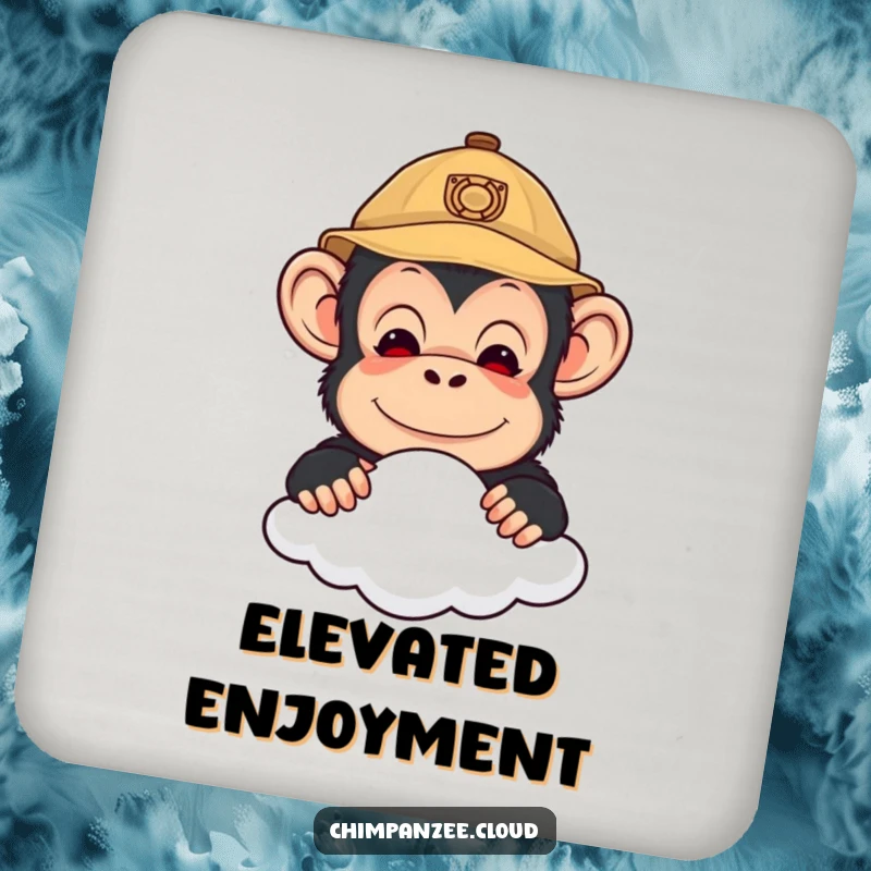 Funny drink coaster showcasing a cute chimpanzee explorer peeking over a cloud, safeguarding tables with whimsical flair.
