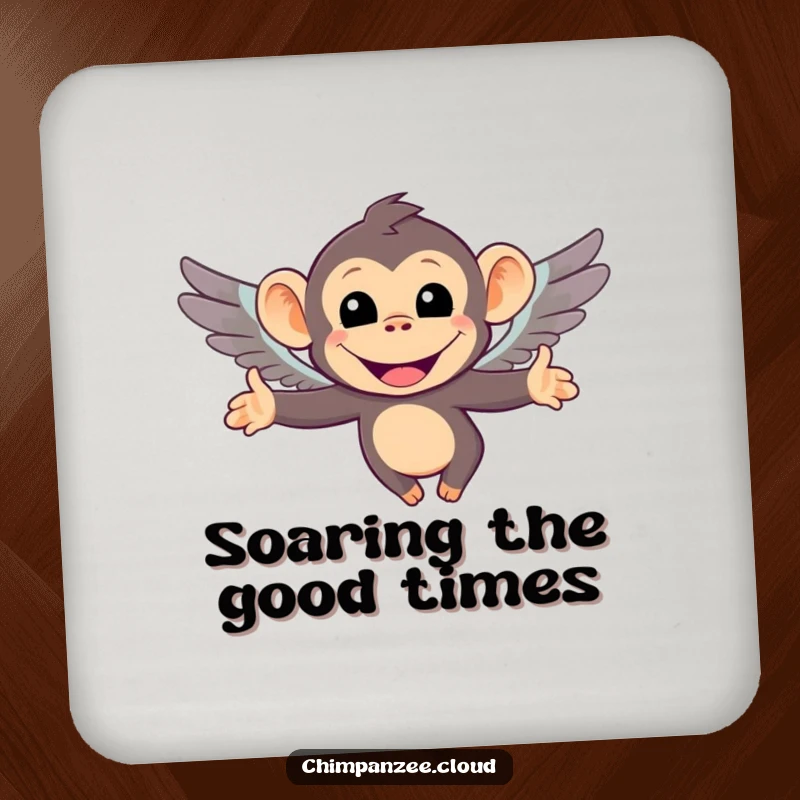 Funny drink coaster featuring a smiling chimpanzee character attempting to fly with tiny wings. Protects surfaces with a humorous design.