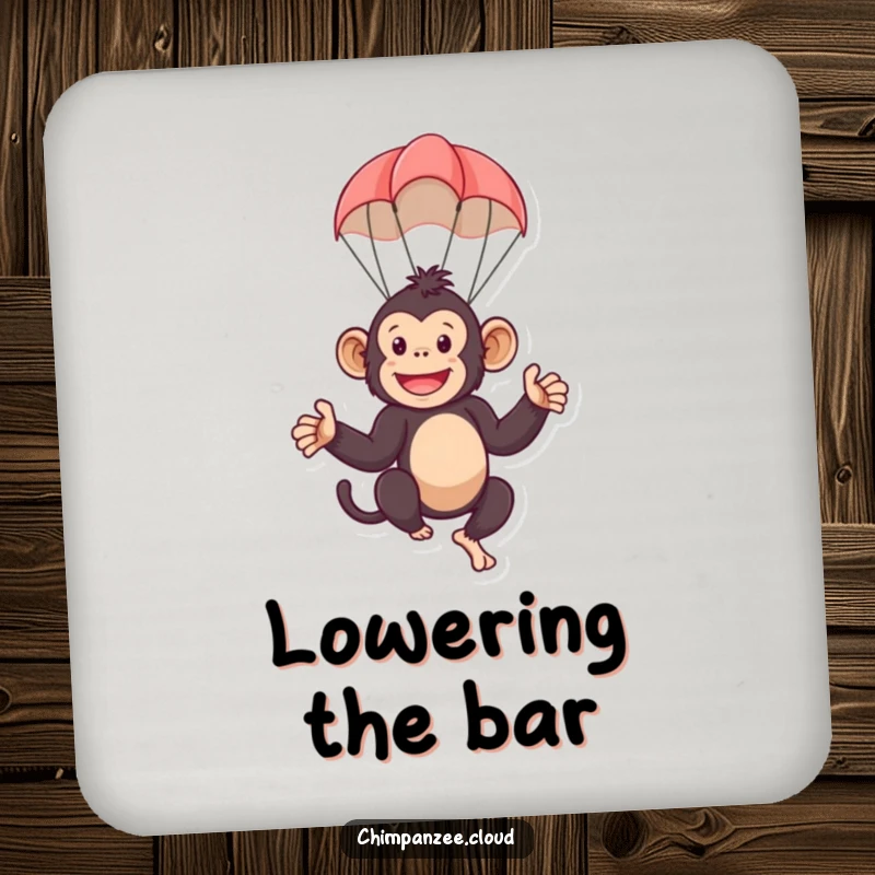 Funny drink coaster with a playful chimpanzee character descending using a small parachute. Adds humor and protects surfaces.