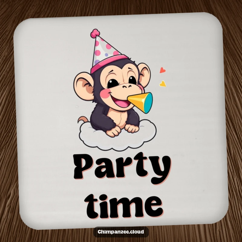 Funny chimpanzee in a party hat blowing a noisemaker on a cloud, designed for drink coasters to add festive and humorous flair.