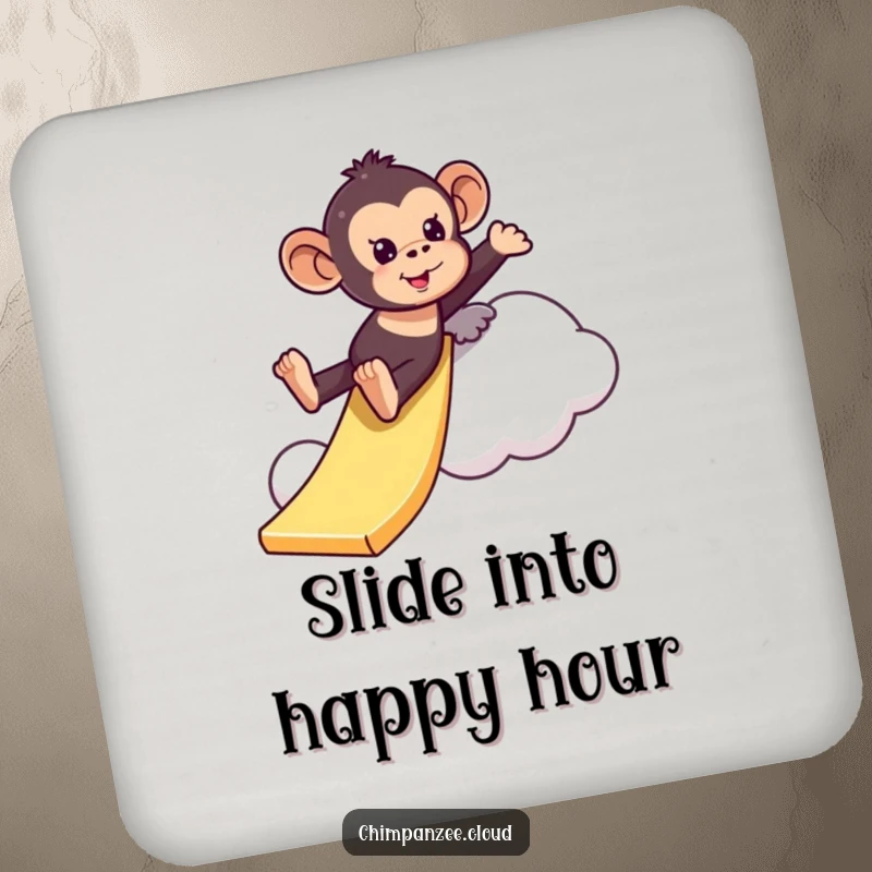 Funny playful chimpanzee coaster sliding down a cloud like a slide, protecting surfaces with humorous appeal and a touch of adventure, a unique gift.