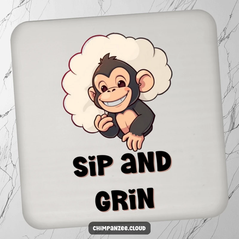 Funny drink coaster featuring a mischievous chimpanzee with a grin, peeking from behind a cloud, protecting surfaces with playful flair.