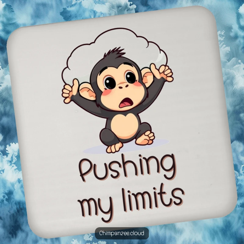 Funny surprised chimpanzee coaster being pushed by a cloud, protecting surfaces with humorous appeal and a touch of whimsy, a unique gift.