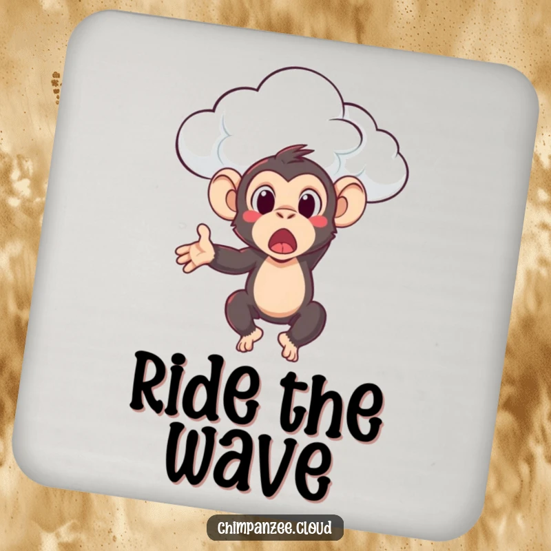 Funny chimpanzee character surprised by a cloud toss, featured on a coaster to protect surfaces with a dose of primate humor.