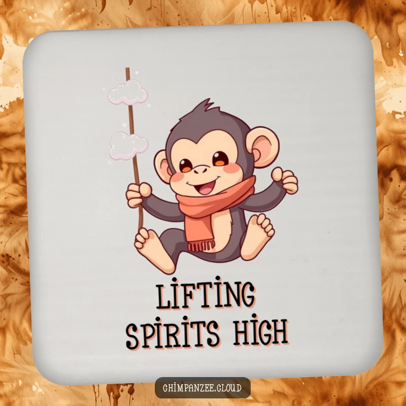 Funny drink coaster featuring a playful chimpanzee in a scarf, swinging from cloud wisps, protecting surfaces with whimsical flair.
