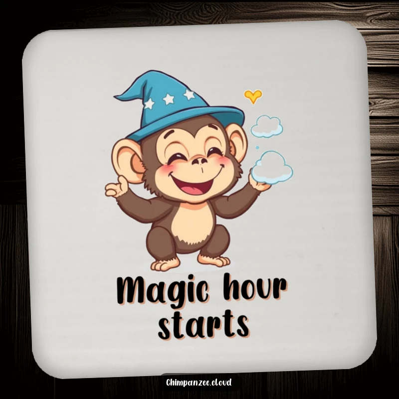 Funny chimpanzee wizard conjuring cloud shapes, protective drink coaster for tables.