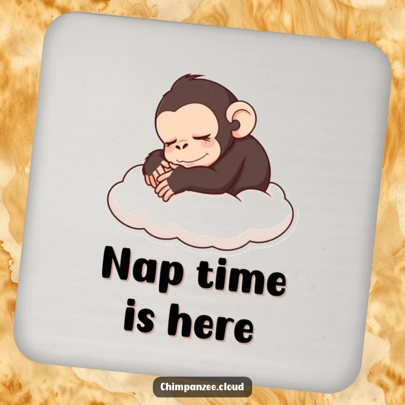 Funny sleeping chimp coaster depicting a peaceful chimpanzee curled up on a cloud, excellent funny gift.
