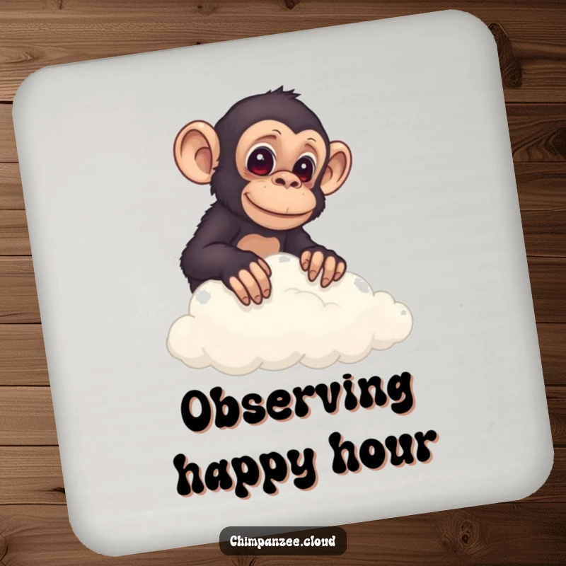Funny chimp peeking from behind a cloud's edge, featured on a protective drink coaster with a curious design.