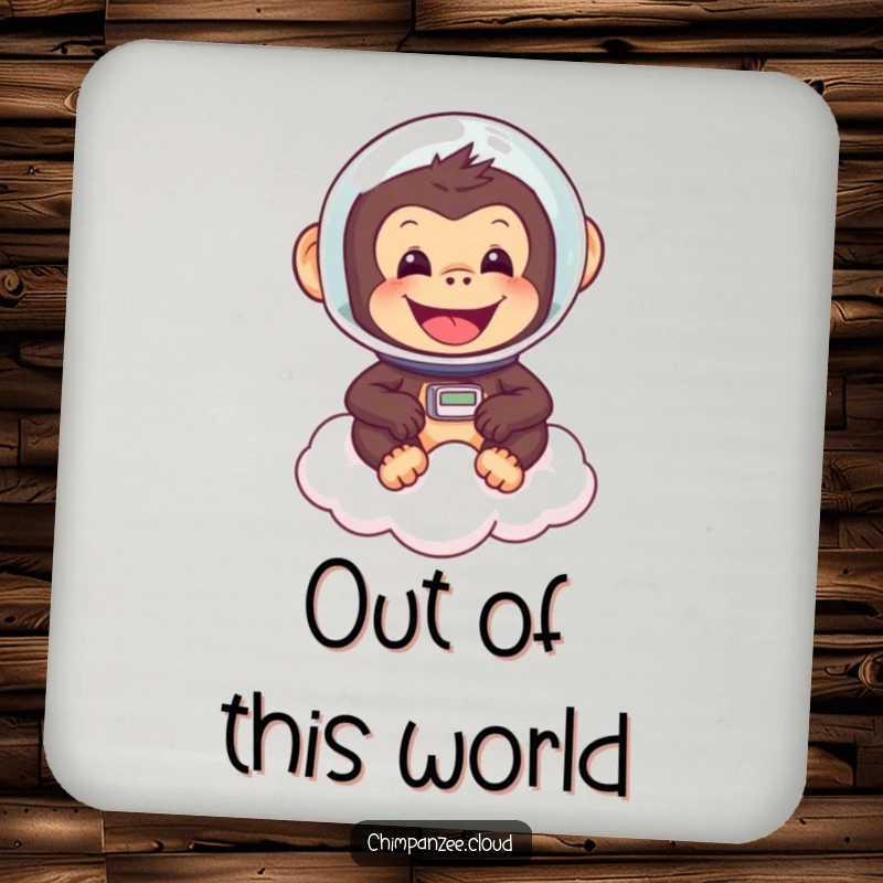 Funny chimpanzee astronaut helmet, floating on a cloud, cheerful, protective drink coaster for tables.