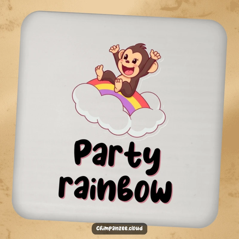 Funny drink coaster with an excited chimpanzee sliding down a rainbow onto a cloud, a whimsical accessory.