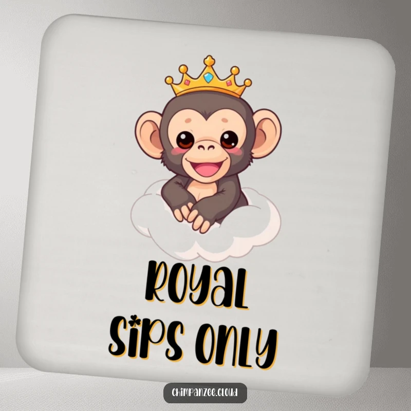 Funny Chimp Coaster: Cute crowned chimpanzee riding a fluffy cloud, protecting tables with humor, a charming funny gift.