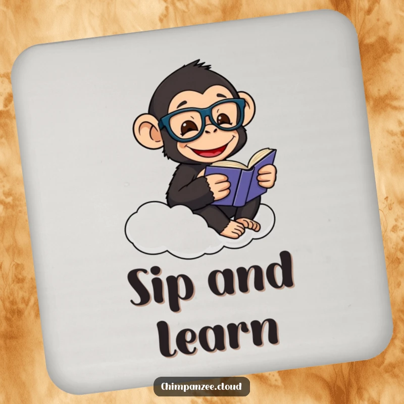 Funny drink coaster featuring a happy chimpanzee wearing glasses, reading a book while sitting on a cloud.