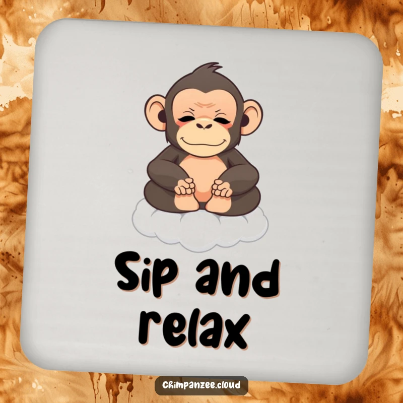 Funny chimpanzee meditating on a cloud, set of coasters, bringing peace to your table.