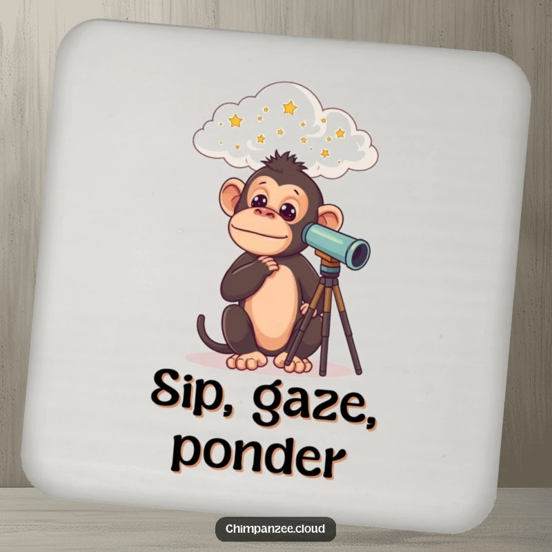 Funny Chimp Coaster: Curious chimpanzee with telescope on a cloud, looking at stars, adds celestial humor, a funny gift.