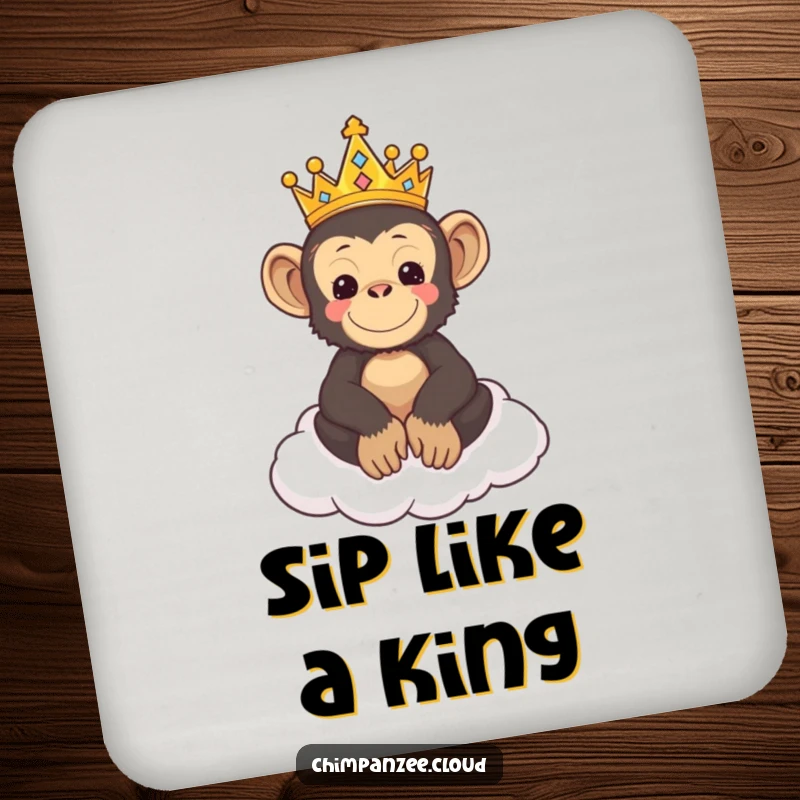 Funny drink coaster featuring a cute chimpanzee king wearing a crown, sitting on a cloud throne.