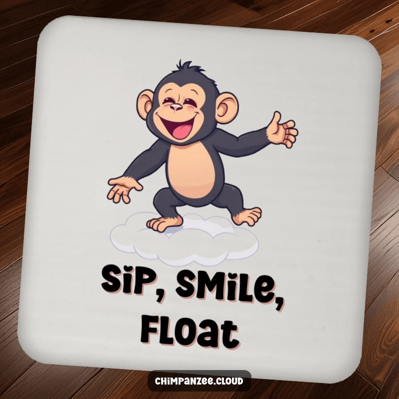 Funny Coaster: A joyful chimpanzee busting a move on a cloud, safeguarding your furniture with a smile.