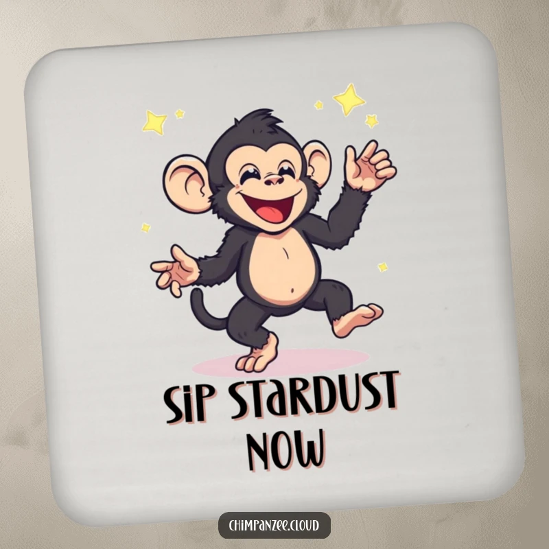Funny chimpanzee drink coaster, character dancing with mesmerizing star dust, a humorous and protective addition to any surface.