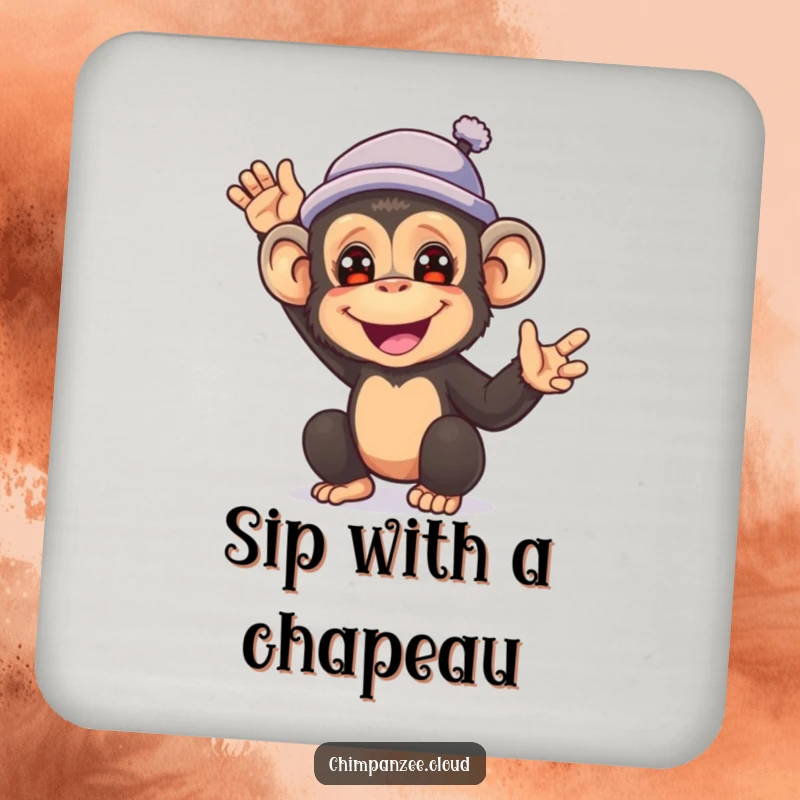Funny drink coaster with a cheerful chimpanzee wearing a small hat and waving hello.