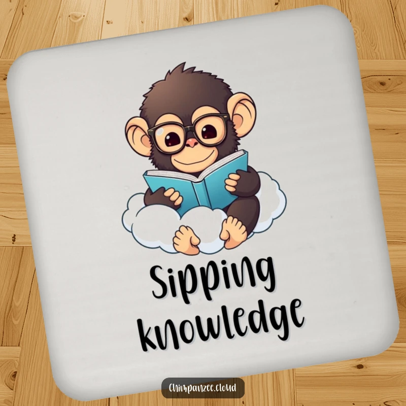 Funny Chimp Drink Coasters: A fluffy chimpanzee with glasses reads on a cloud, protecting surfaces humorously.