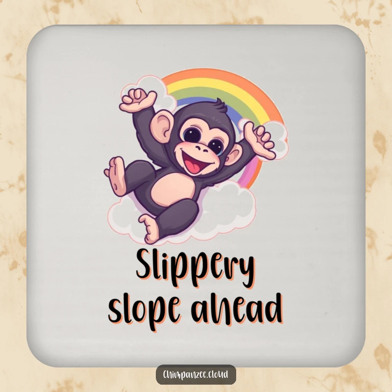Funny chimp sliding down a cloud rainbow, featured on a colorful drink coaster for a touch of playful decor.