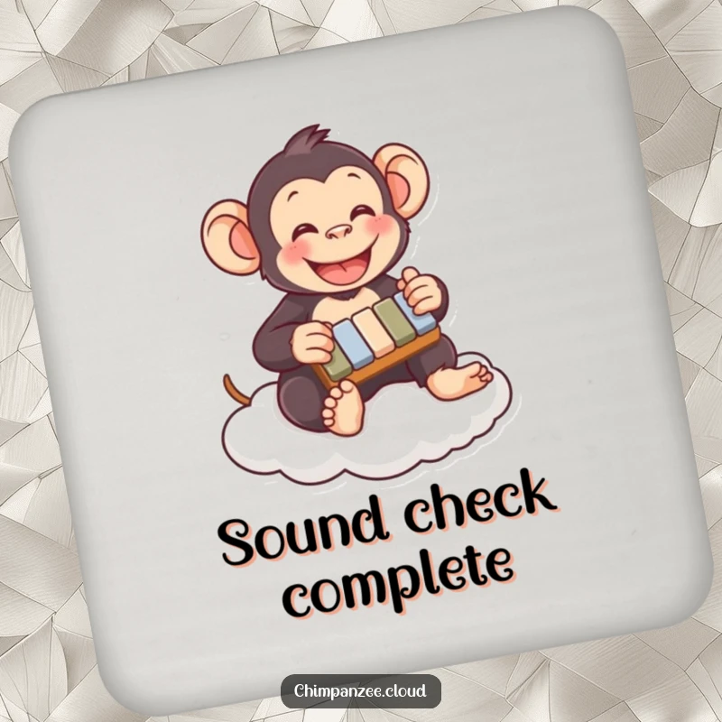 Funny chimpanzee coaster playing xylophone on a cloud, protecting surfaces with musical charm and humorous appeal, a unique gift.