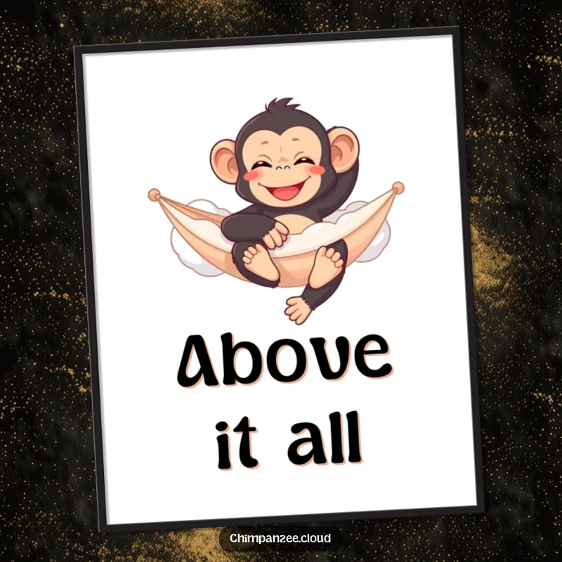 Funny chimpanzee poster, relaxing on a cloud hammock, serene whimsical art, calming wall decor.