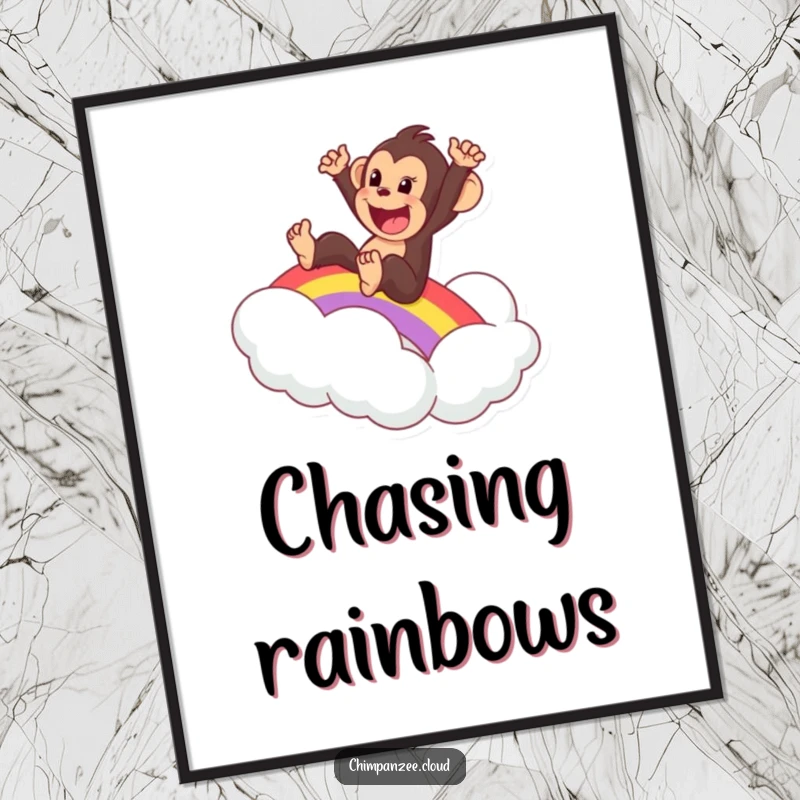 Funny poster art of an excited chimpanzee sliding down a vibrant rainbow onto a fluffy cloud, a whimsical wall decoration.