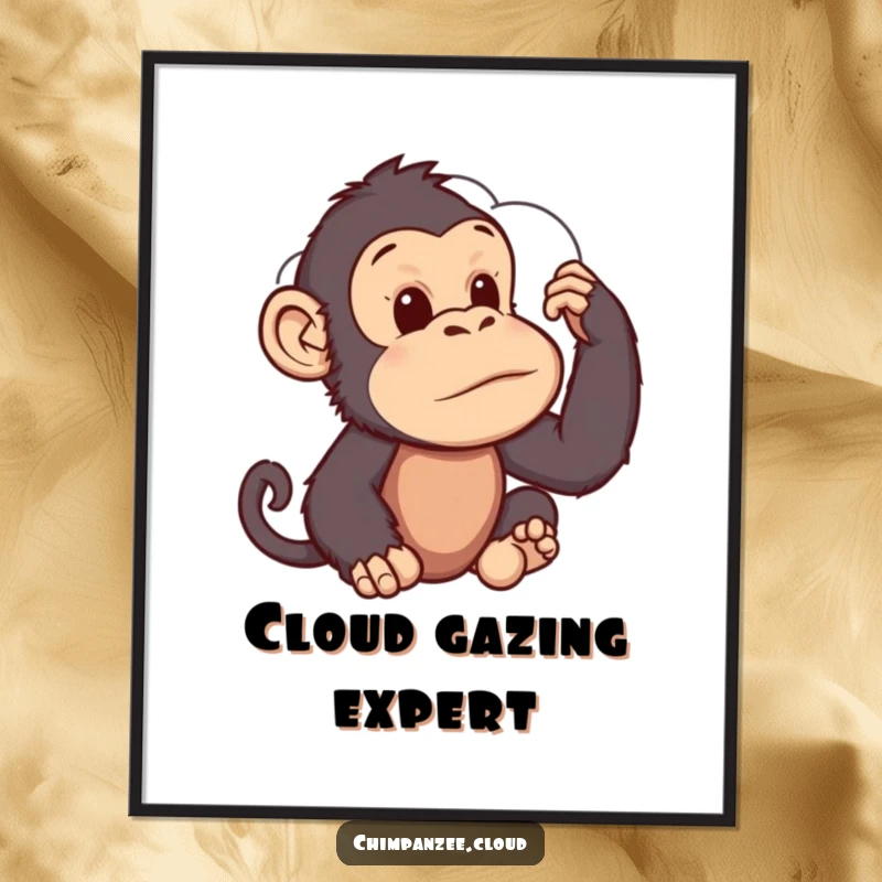 Funny Poster: A chimpanzee with a curious gaze, contemplating the imaginative shapes formed by clouds, sparking wonder.