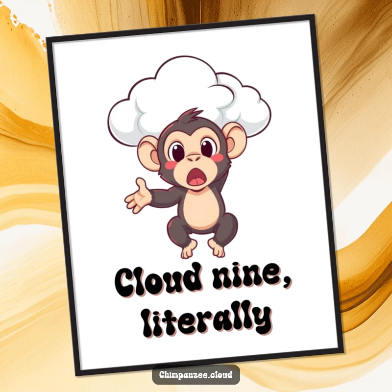 Funny chimpanzee looking genuinely surprised as a cloud formation gently tosses it, presented as humorous wall art.