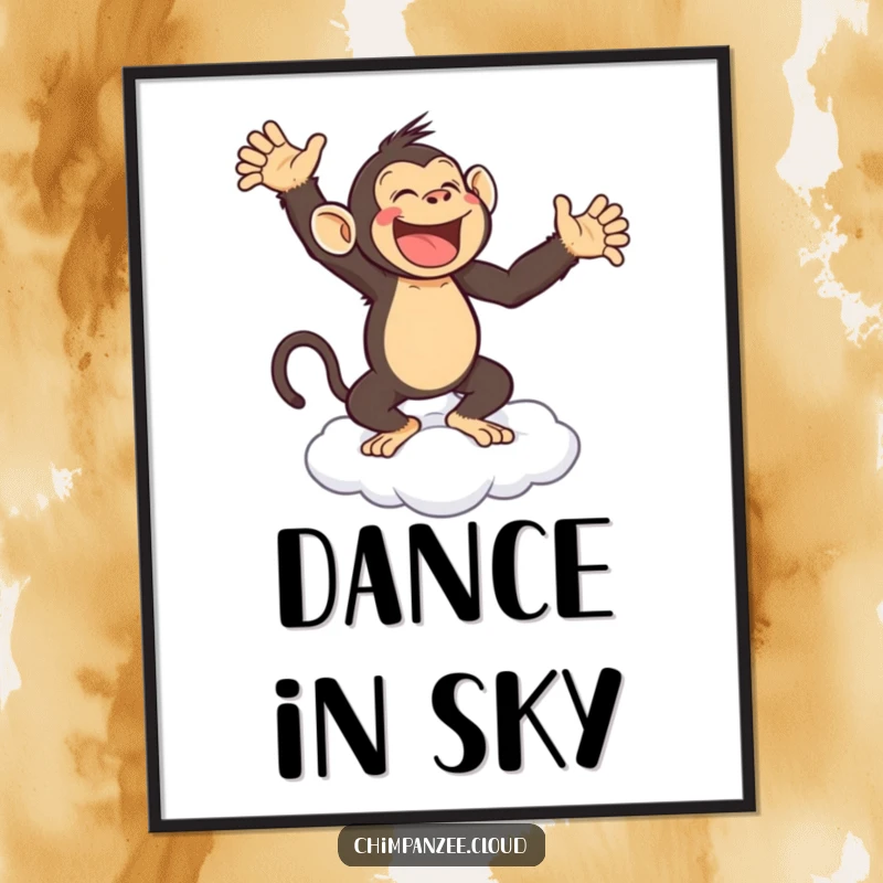 Funny poster art of a joyful chimpanzee dancing gleefully on a cloud, perfect for uplifting wall decor.