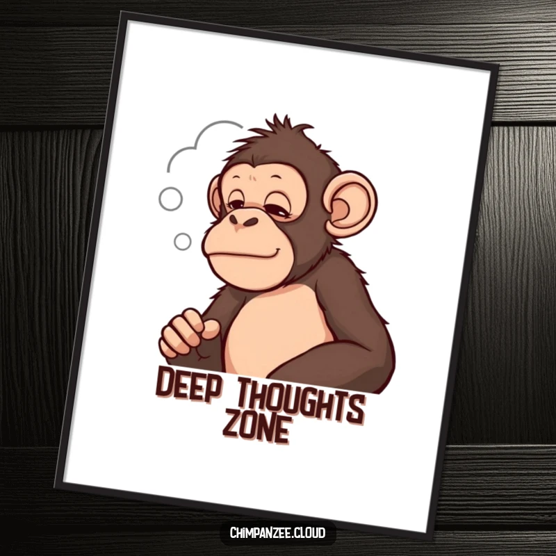 Funny chimpanzee observing a cloud shape with a thoughtful expression, humorous wall art for introspection.