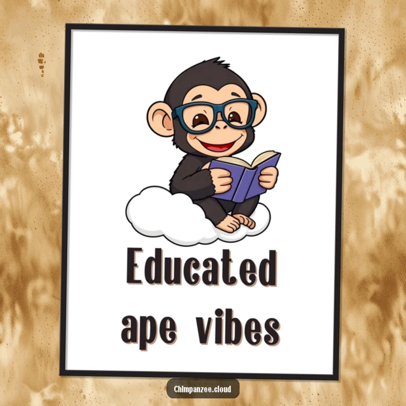 Funny poster of a happy chimpanzee in glasses, engrossed in reading a book while sitting on a fluffy cloud.