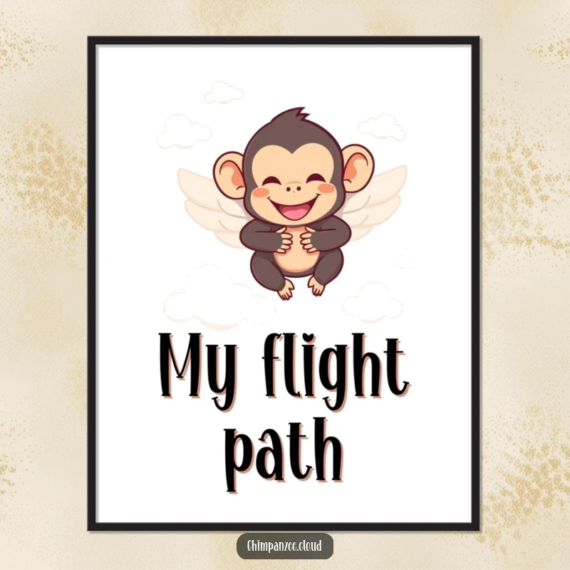 Funny chimpanzee with wings, smiling, soaring between clouds, heavenly wall art for lighthearted spaces.