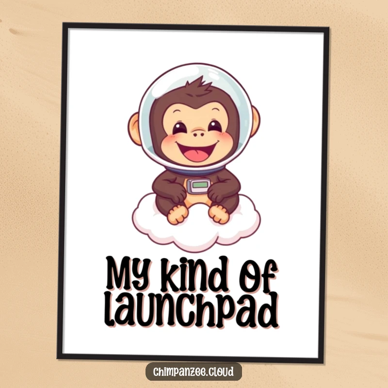 Funny chimpanzee astronaut helmet, floating on a cloud, cheerful and whimsical art for space-themed room decor.