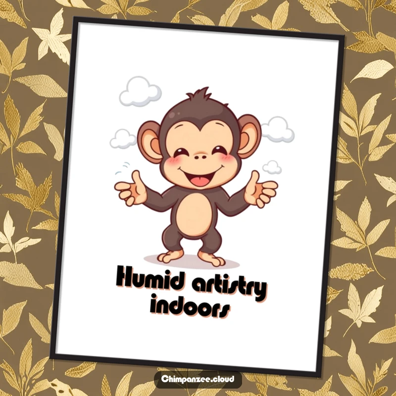 Funny chimp poster featuring a cheerful chimpanzee joyfully juggling fluffy white clouds in the sky.