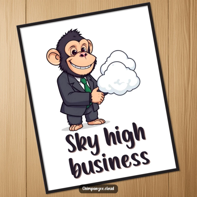 Funny Business Chimp Deal Poster: A chimpanzee in a suit shakes hands with a cloud, conveying ambitious and humorous aspirations.