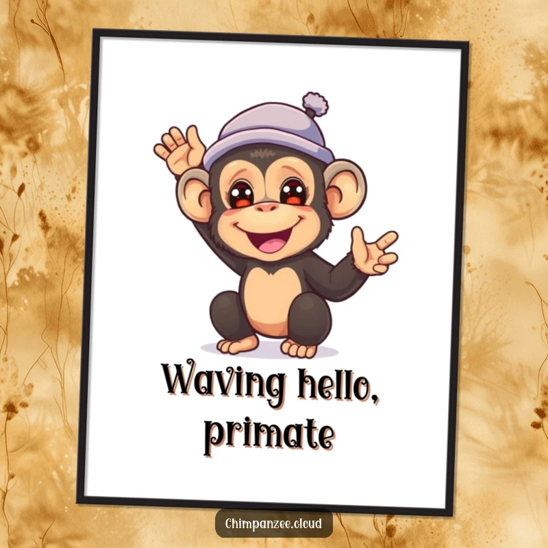Funny poster art of a happy chimpanzee wearing a small hat and waving energetically to attract attention.