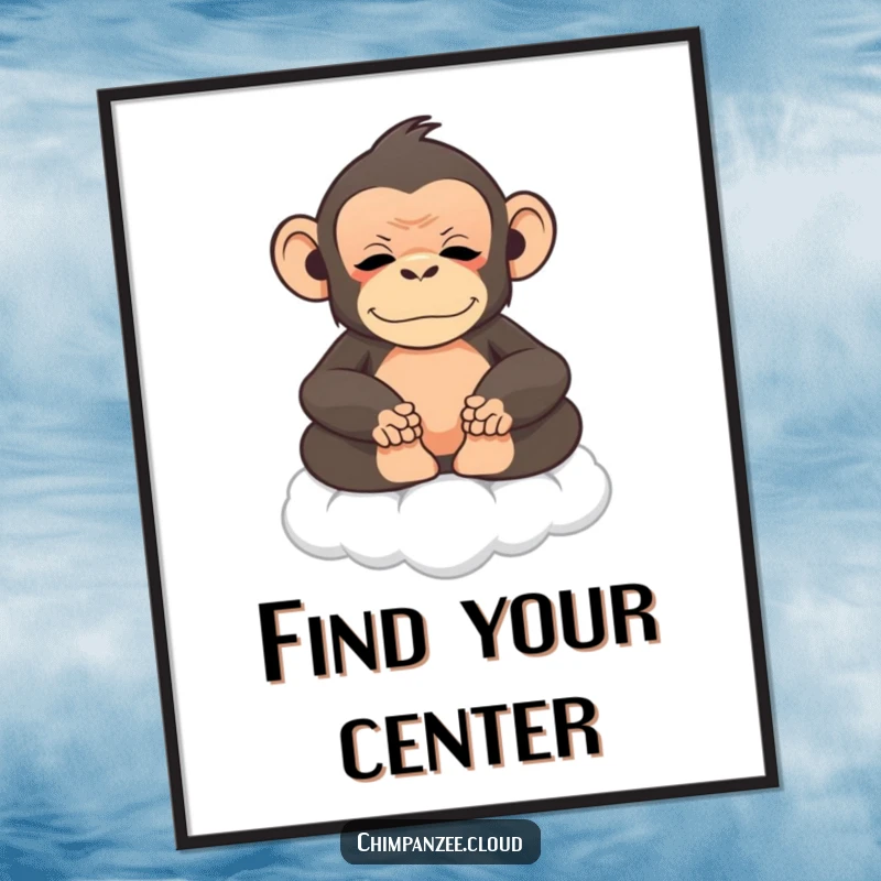 Funny chimpanzee meditating on a cloud, serene wall art, perfect for a funny poster.