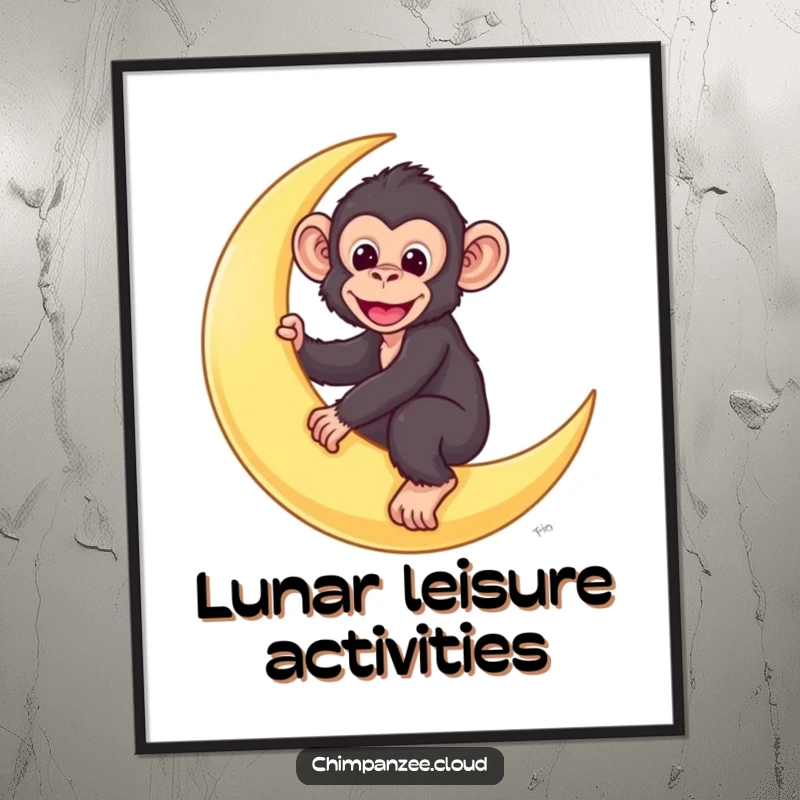 Funny chimp poster featuring a cute chimpanzee character joyfully riding a crescent moon in a starry sky.