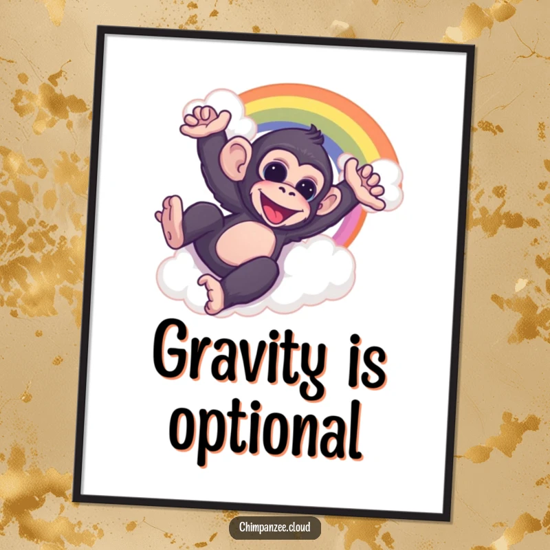 Funny chimp joyfully sliding down a fluffy cloud rainbow, presented as a vibrant, cheerful wall art.