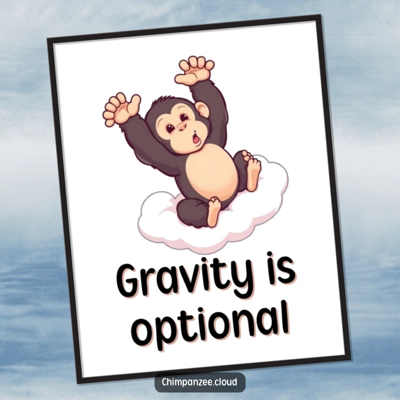 Funny illustrated chimpanzee mid-somersault on a fluffy cloud, creating a joyful and humorous wall art for any room.