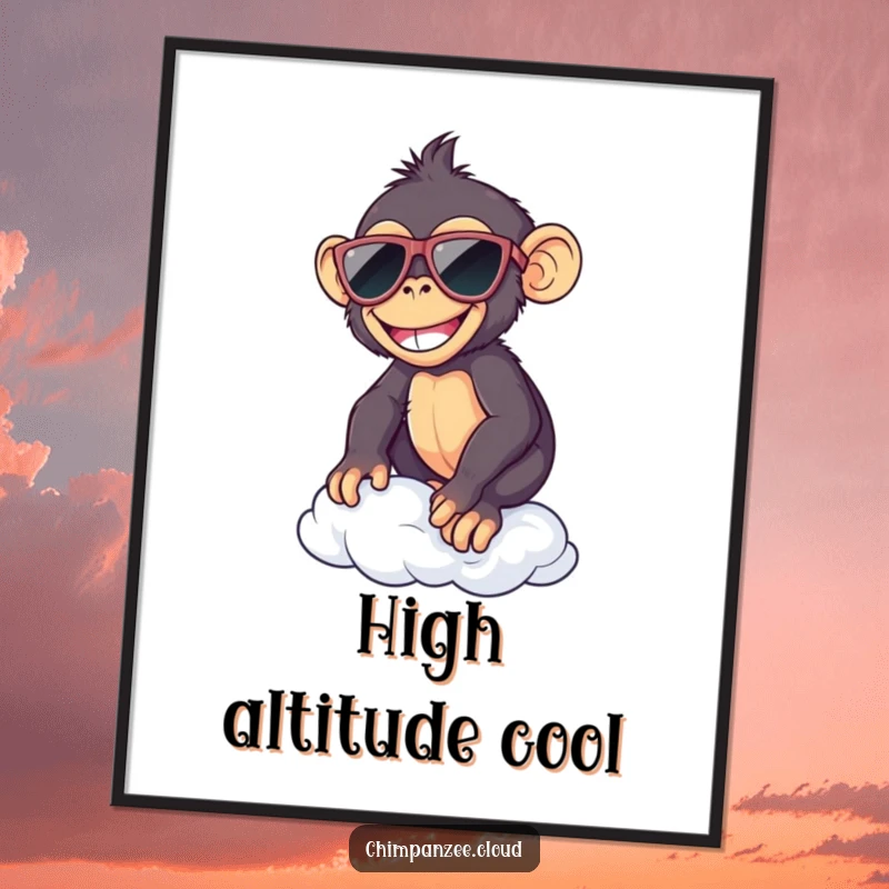 Funny chimp in sunglasses, balancing on a cloud, presented as a vibrant, humorous wall poster for cheerful decor.